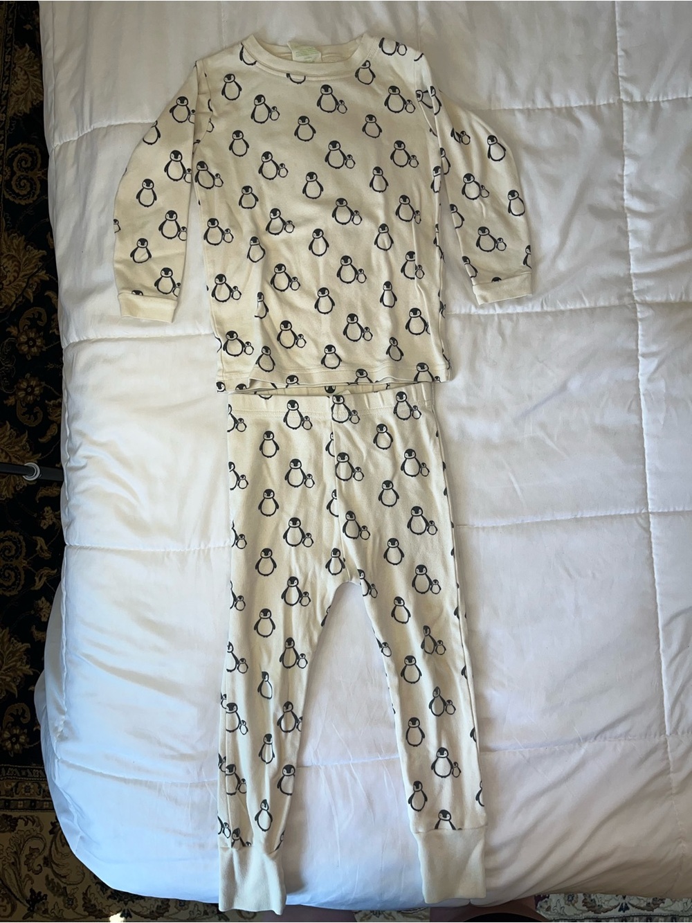 Cream Penguin-Print Kids Pajama Set